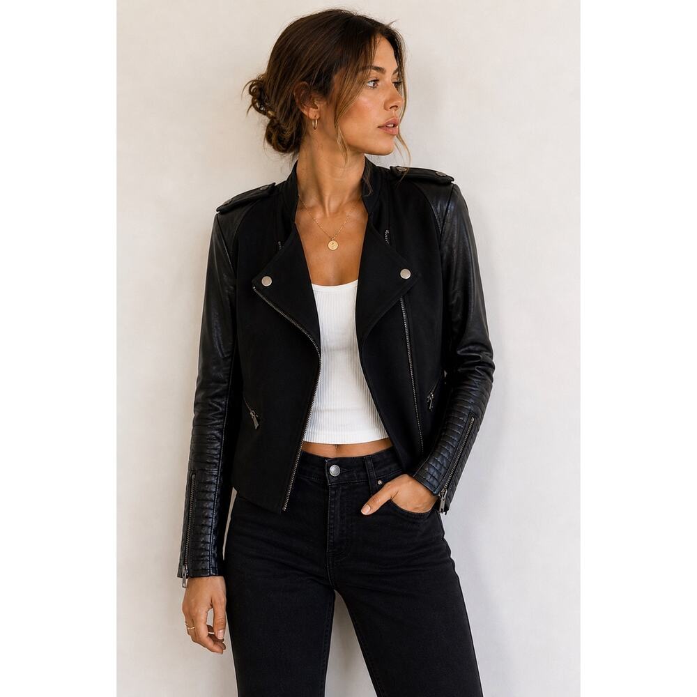 BCBGMaxAzria Black Moto Jacket M Cropped Leather Mixed Media Zip Edgy Capsule